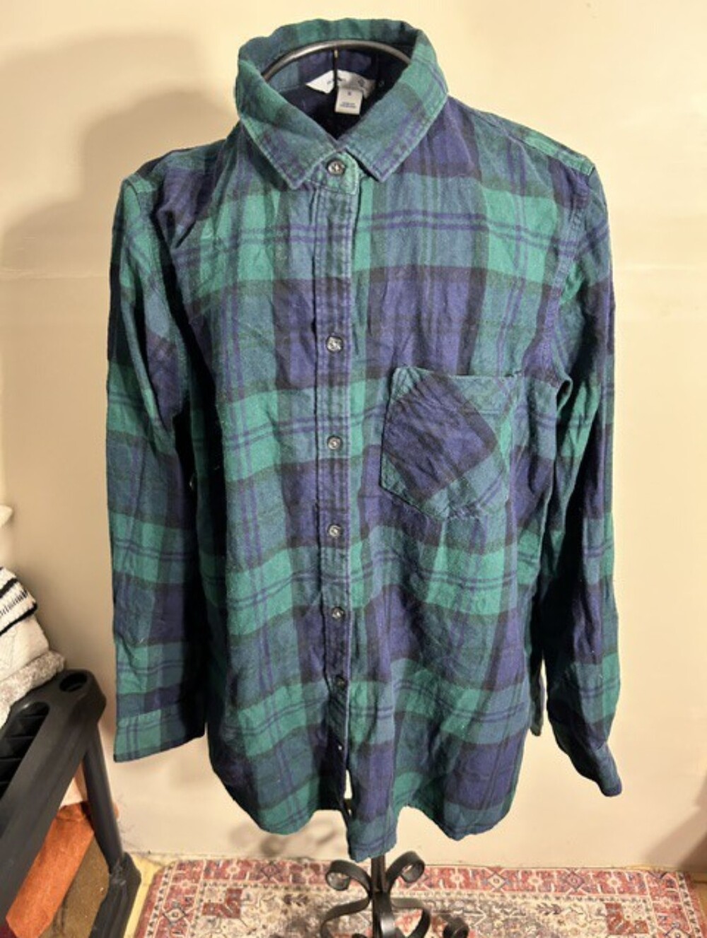 flannel size medium womens blue green plaid shirt button up top gorpcore